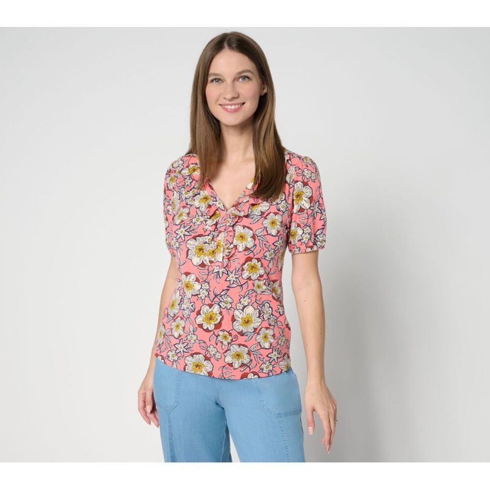 Anybody Women's Top Sz L Cozy Knit Printed Ruffle Front Multi-colored A695705